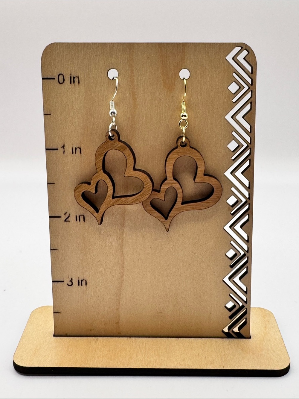 Handcrafted Wooden Double Heart Dangle Earrings - Natural Brown